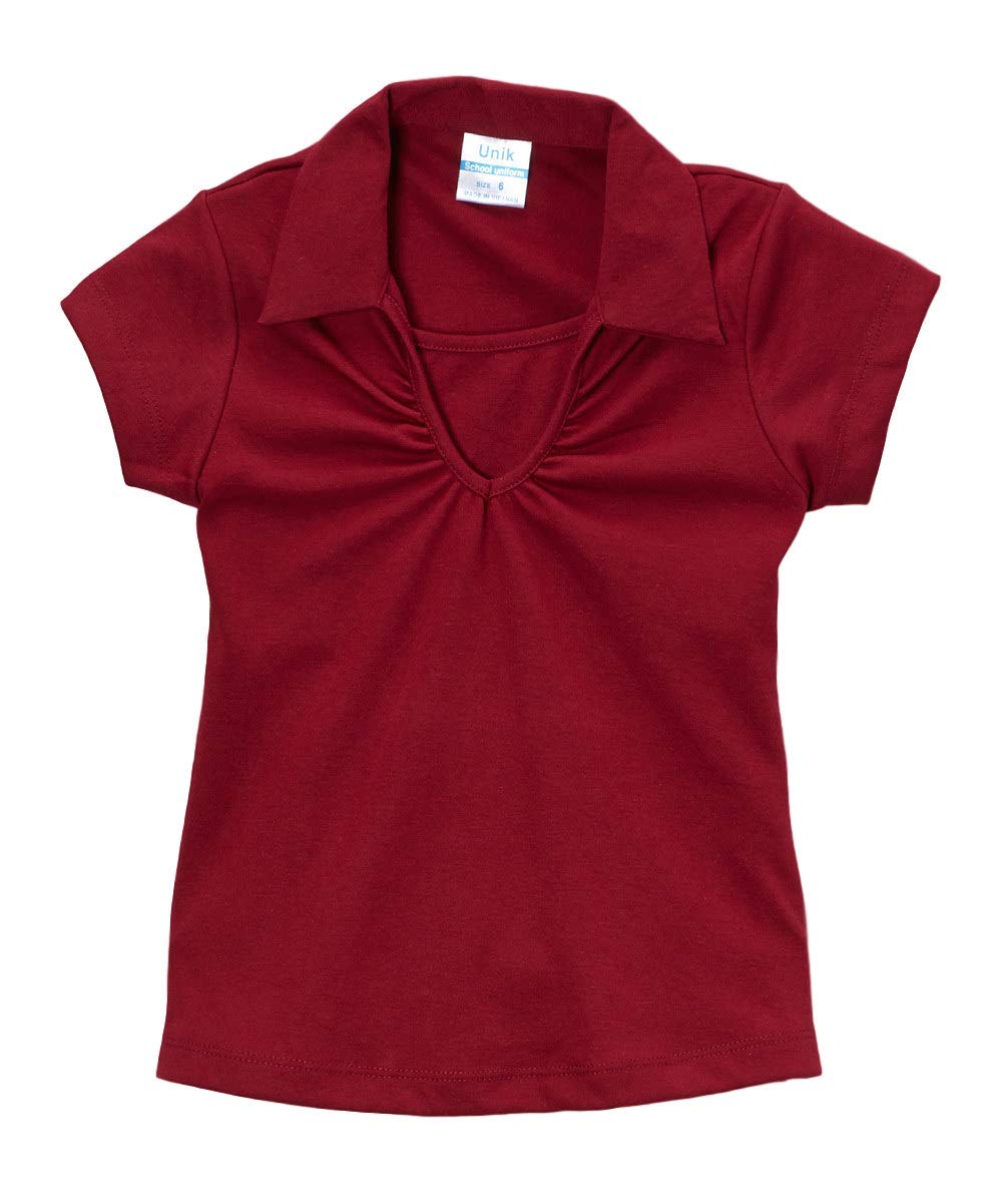 unik Girl's Uniform V-Neck Collar Shirt Short Sleeve Great for School Burgundy Navy White Sky Blue Green Purple Yellow Red