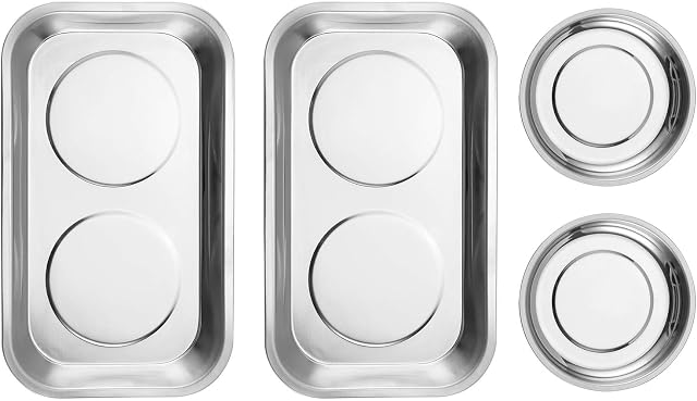 CASOMAN 4-Piece Round and Square Magnetic Trays Set, Stainless Steel, 4" Round Trays & 9.5" Wx5.5"L Square Trays, for Socket Screw, Nuts, Bolts, Metal Parts