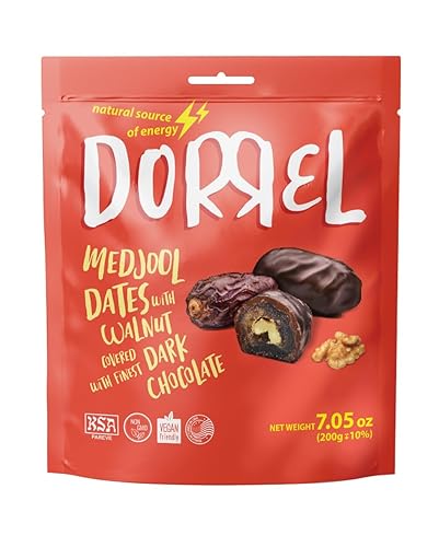Miniatura 134 de DORREL - Dátiles cubiertos de chocolate negro belga (Medjool) con relleno de cacahuetes salados, aperitivo de chocolate vegano de alta energía