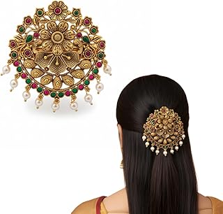 Jwella Antique Gold Temple Hair Barrette with Pearls | Ruby & Green Stones Floral Design | Bridal Bun Pin for Saree & Fest... Price In India