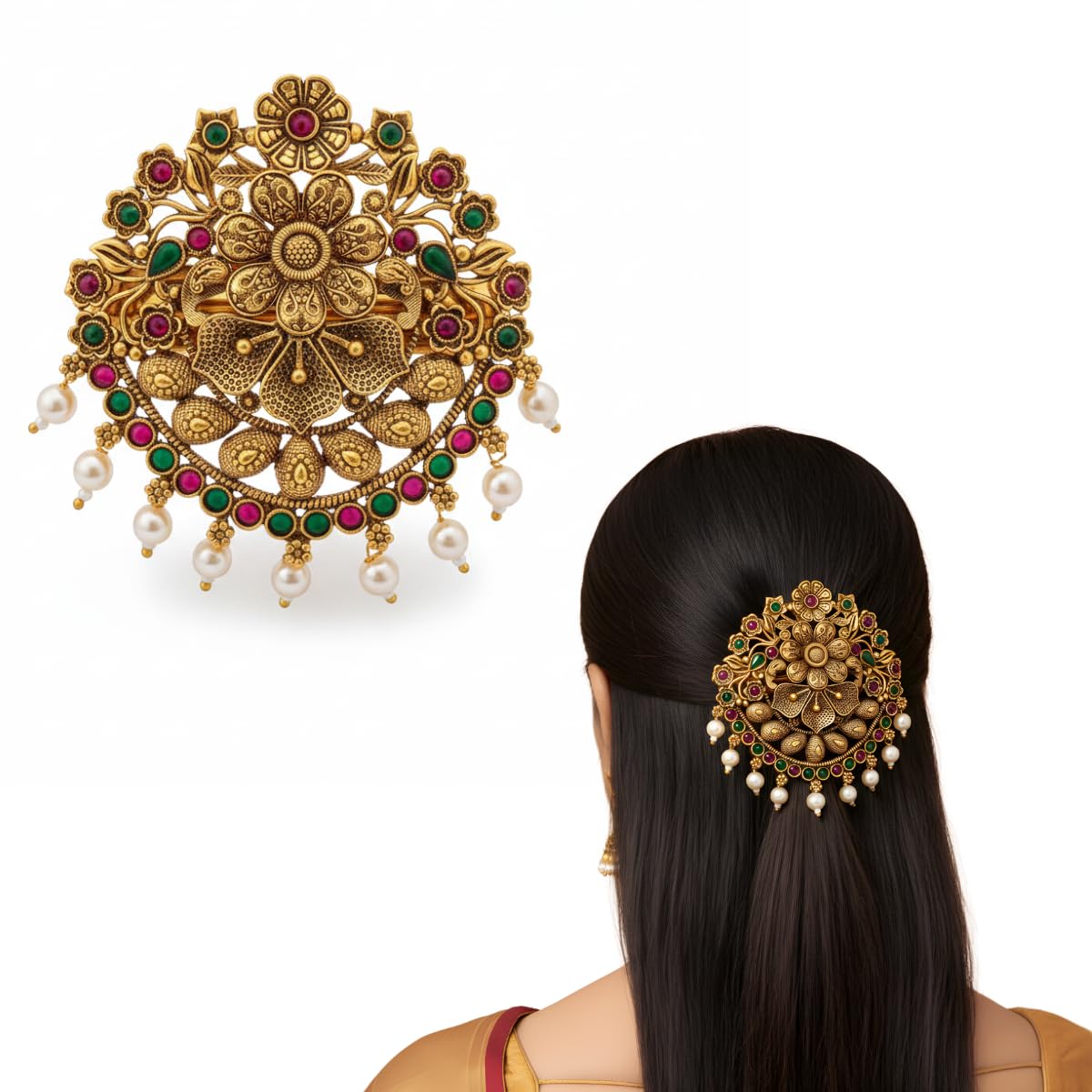 Jwella Antique Gold Temple Hair Barrette with Pearls | Ruby & Green Stones Floral Design | Bridal Bun Pin for Saree & Fest... - Review, Price and Buying Guide