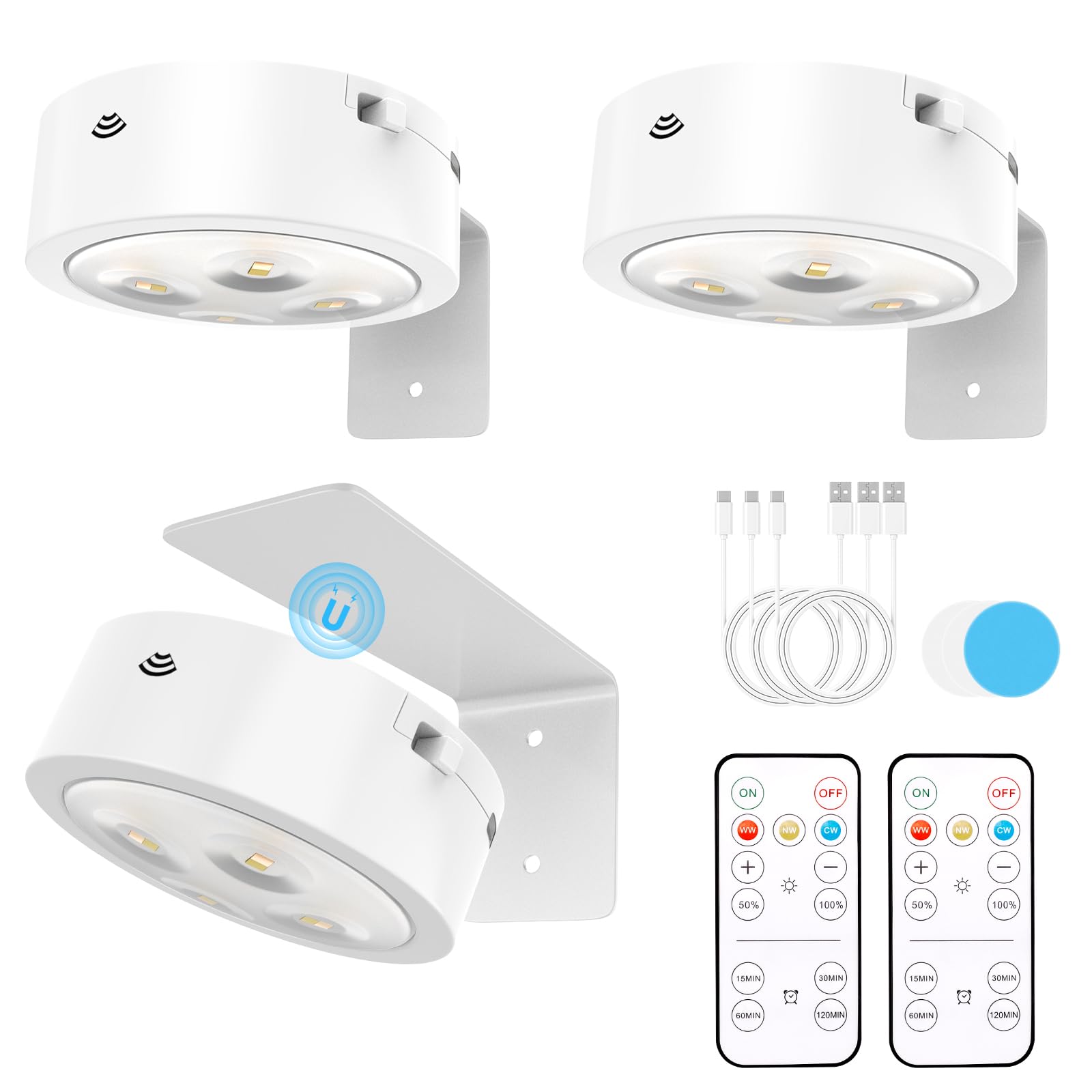 3 Pack Picture Lights for Wall, Rechargeable Battery Operated wall lights, Picture Frame lights with 3 Lighting Modes, Wireless Magnetic Painting Light with Remote Control Timer (White, 3 Pack)