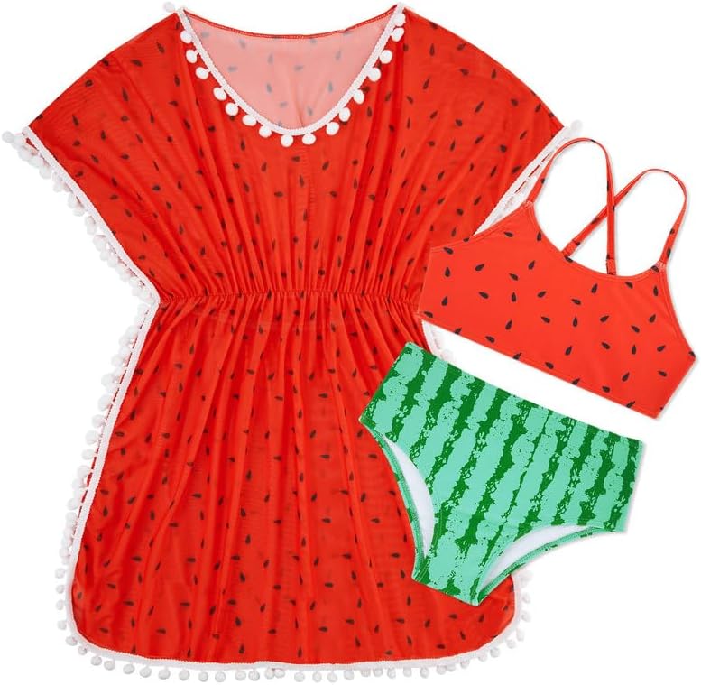 (Similar to) (coverup)Goodstoworld 7-12Y Girls 3 Piece Cover Up Swimsuit Hawaiian Bikini Bathing Suit with Pompom Tassel B1-watermelon 01 9-10 Years