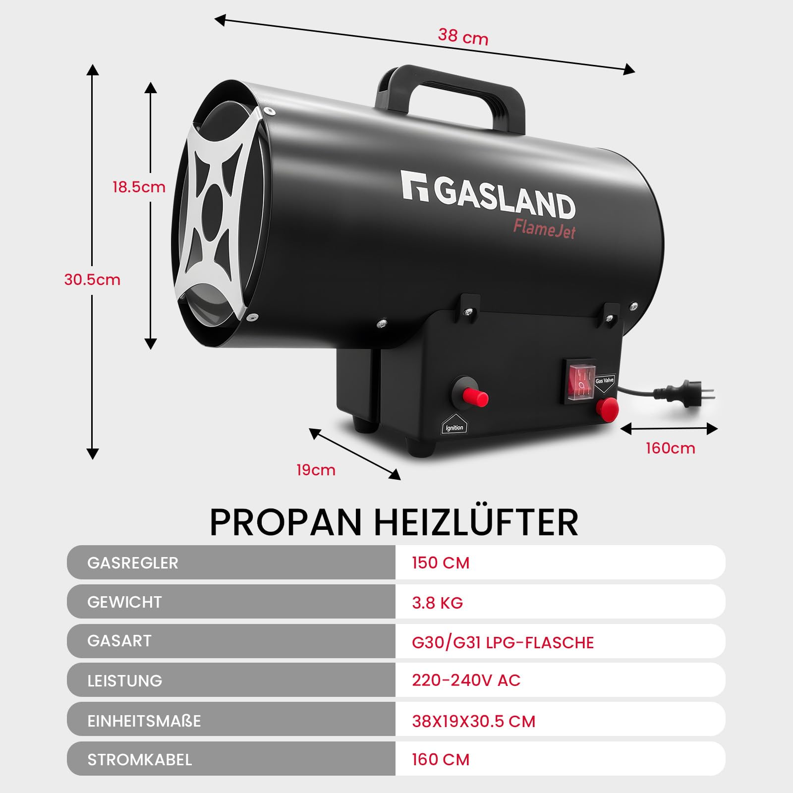 GASLAND FlameJet 15 kW Gas Heizstrahler mit 700 mbar Druckreduzierventil,Outdoor Gasheizgerät, Konvektionsheizung, Turbogebläse, Überhitzungsschutz