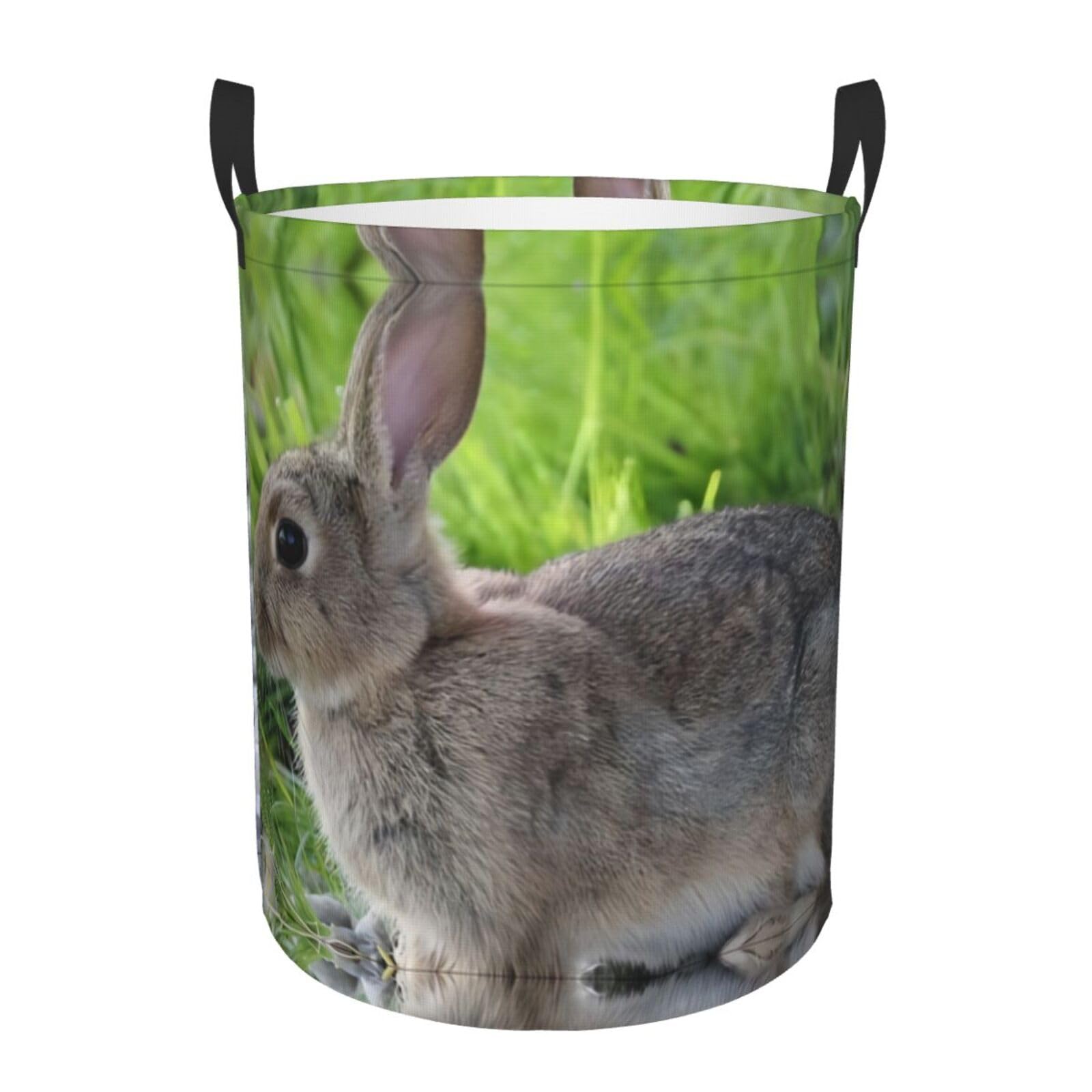 M Circular Hamper – Collapsible Cute Grey Hare Rabbit Print Laundry Basket