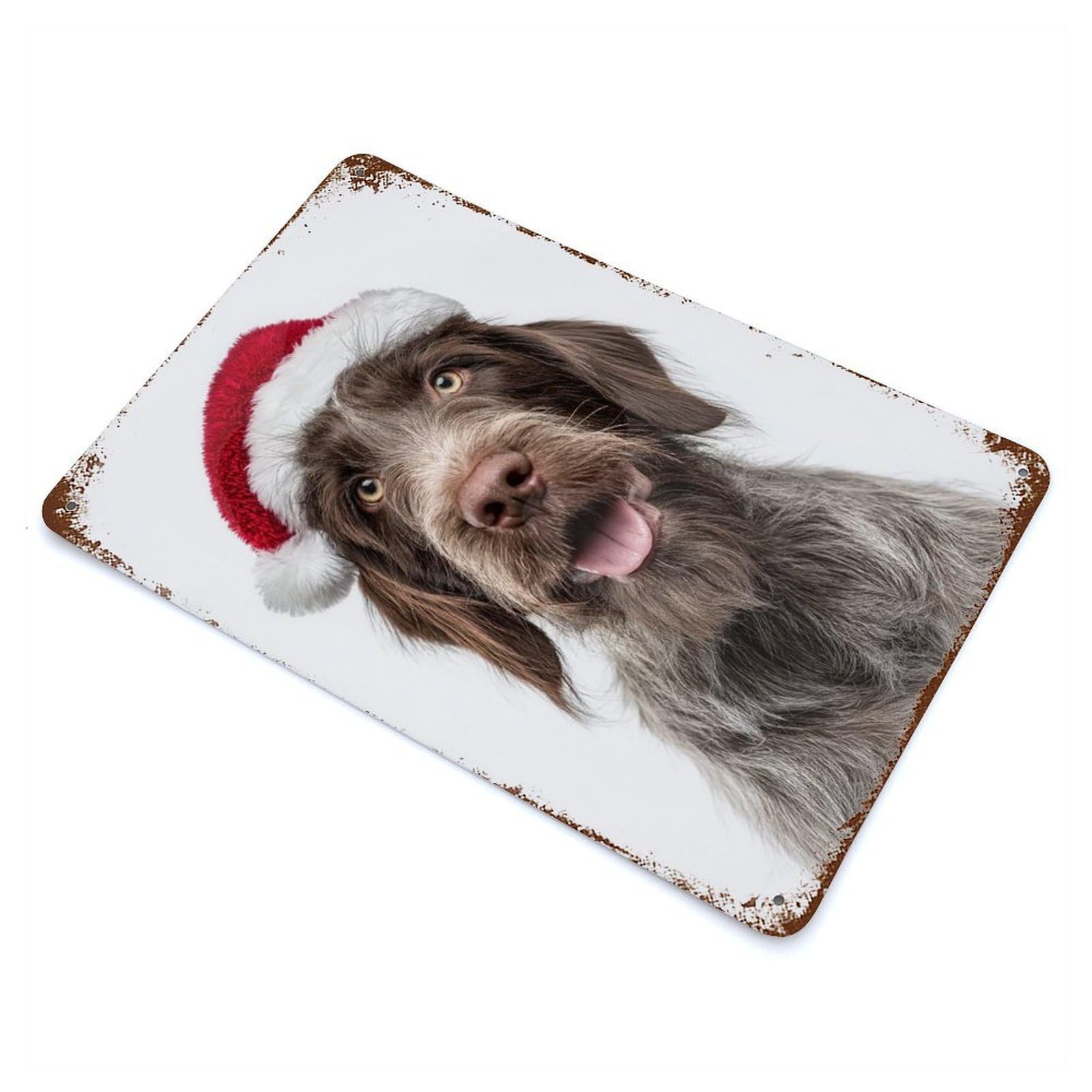 Wirehaired Pointing Griffon Dog with Santa Hat Portrait Vintage Wall Sign 11.8"x7.9", Rust Effect Metal Decor for Basement, Hobby Room And Garage Decor