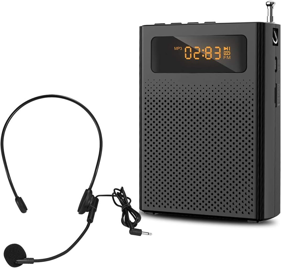 Portable Microphone and Speaker Personal Voice Amplifier for Teachers Clip On Rechargeable Waistband Supports AUX MP3 Works for Coaches, Training, Presentation, Tour Guide Black