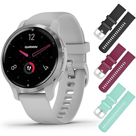 Amazon.com: Garmin Venu 2S, reloj inteligente GPS deportivo de tamaño  pequeño, bisel plateado con funda gris niebla y banda de silicona,  (010-02429-02) con correa de pulsera Wearable4U 3X (negro, baya+verde  azulado) :