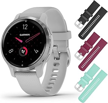 Amazon.com: Garmin Venu 2S, reloj inteligente GPS deportivo de tamaño  pequeño, bisel plateado con funda gris niebla y banda de silicona,  (010-02429-02) con correa de pulsera Wearable4U 3X (negro, baya+verde  azulado) :