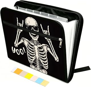 WEBEEDY Expanding File Folder with 13 Pockets, Labels and Zipper, Portable Accordion File Organizer Paperwork Folder for Documents A4 Paper Receipt Travel Office, Back to School Halloween(Skeleton)