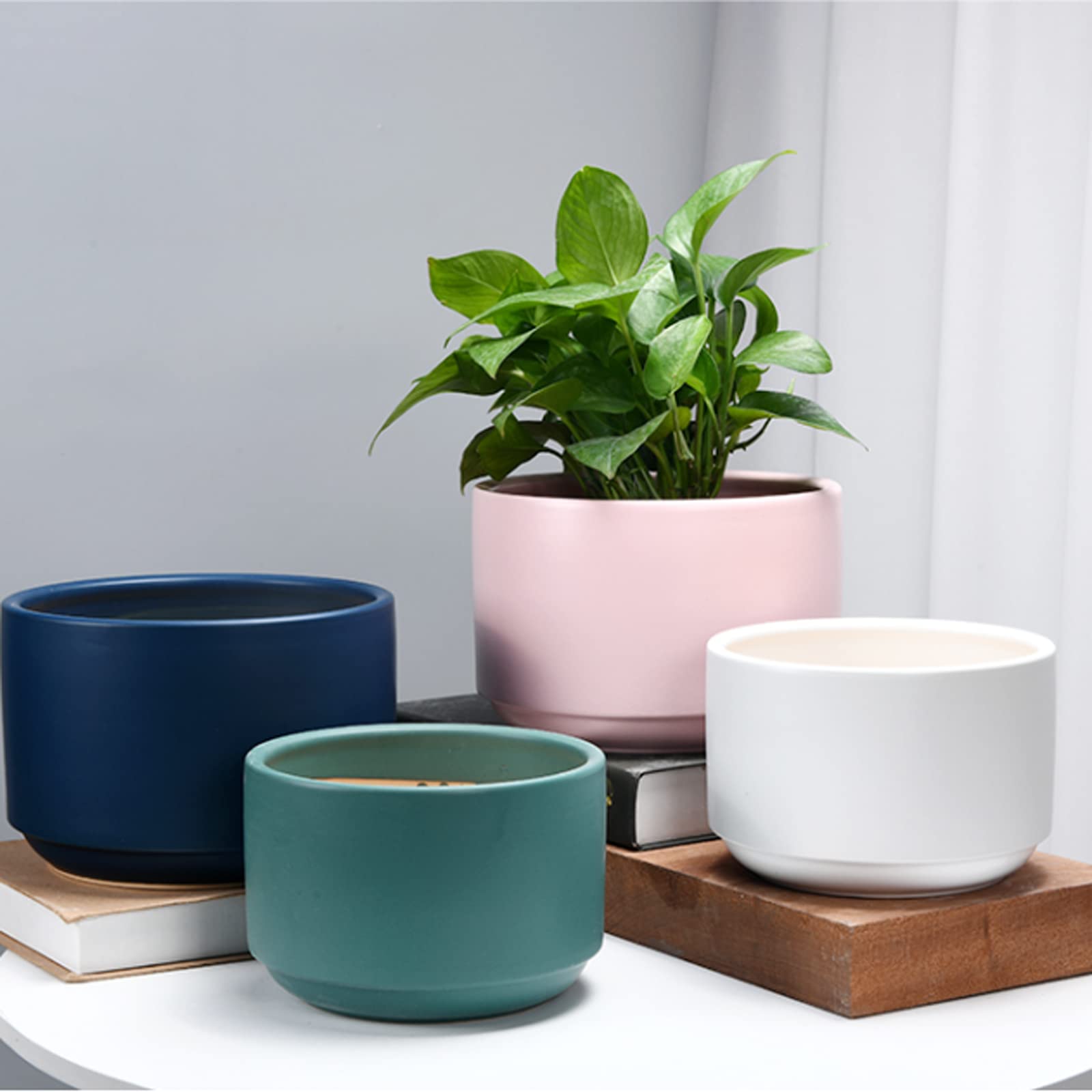Vasi da Giardino Vasi per Piante in Ceramica per Interni, Vaso da Fiori Moderno con Foro di drenaggio e Vassoio in plastica, Contenitore per Fiori per Decorazioni per la casa e L'Ufficio