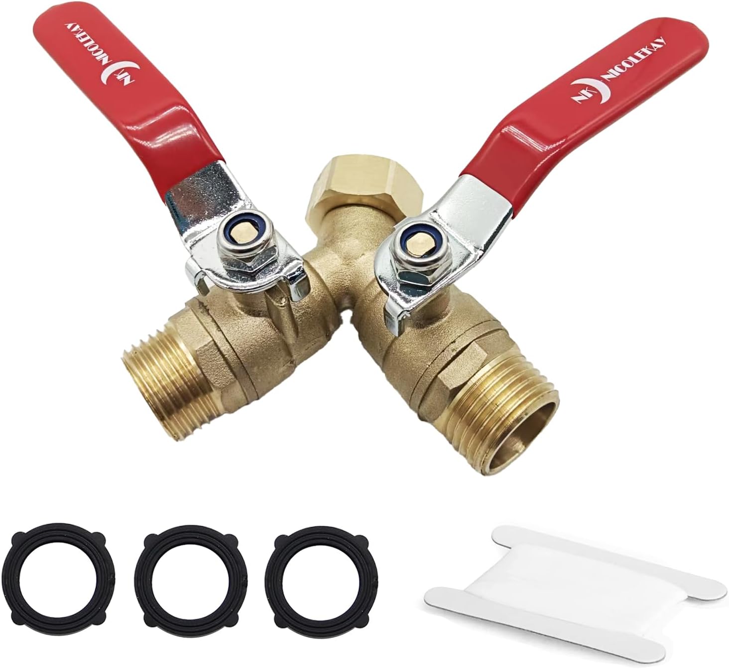 Hose Splitter 2 Way Heavy Duty Brass Garden Hose Splitter with 304 Stainless Steel Long Handle Outdoor Full Flow Hose Splitter Connector,Y Valve 3/4 Inch GHT Thread (RED)