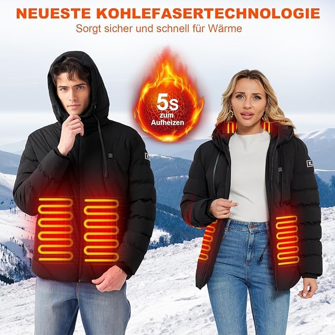 Chaqueta Calefactable con Capucha, Hombres Ropa Abrigada de Invierno Mujeres Abrigos Impermeables con 10000 mAh 3 Niveles de Calefacción y 4 Zonas Calefactables para Actividades al Aire Libre