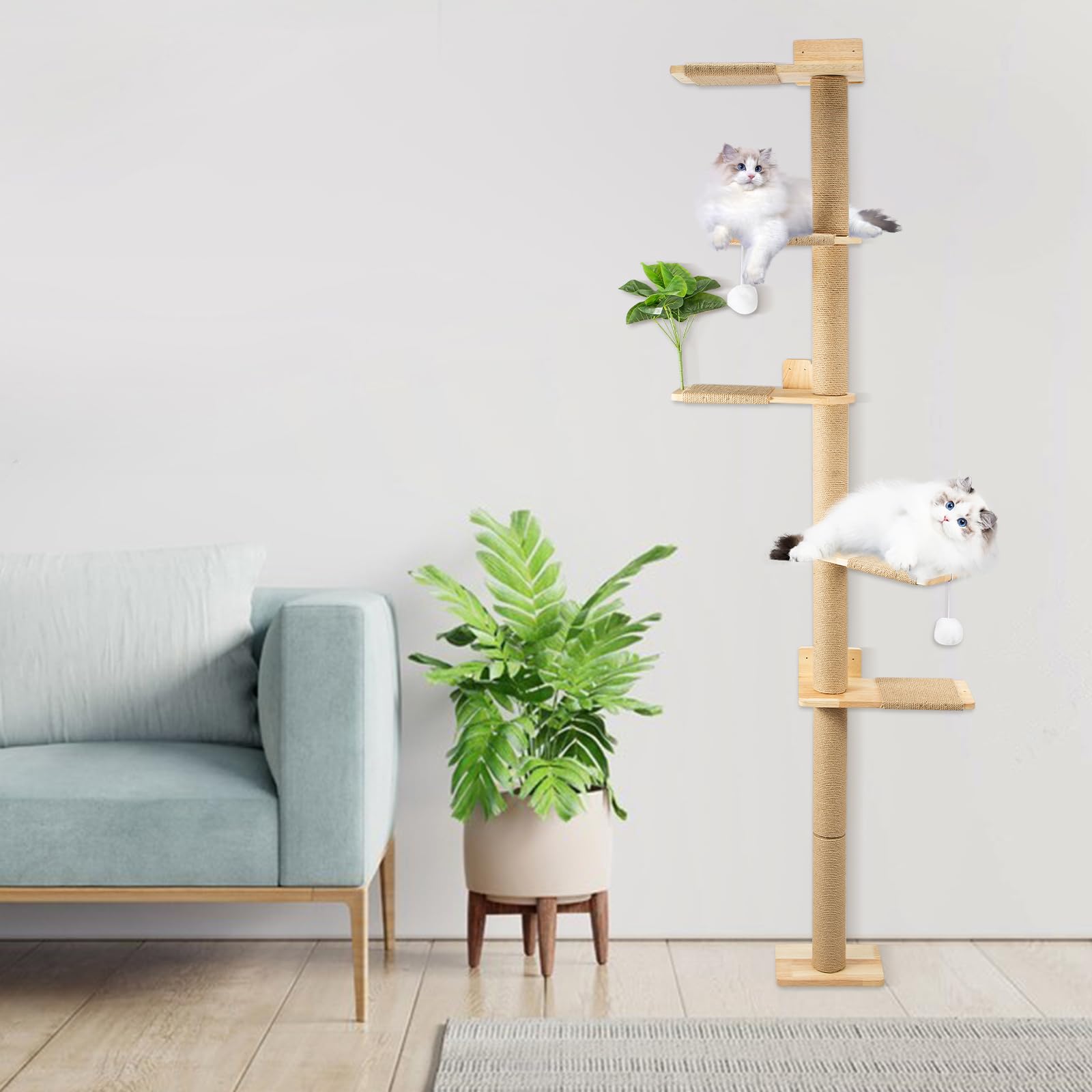 Youyijia Katzenkratzbaum 206cm aus Naturkautschukholz, 5 Etagen Wandmontierter Katzenbaum mit Verbreiterter Basis, Plüschbällen, 360° Drehbar, XXL Kletterbaum für Katzen zum Klettern, Kratzen