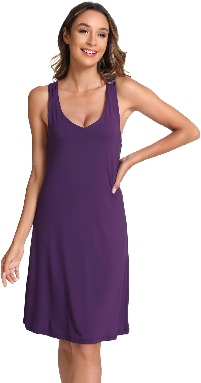 GYS Bamboo Viscose Sleeveless Nightgowns for Women V-neck Wide Strap Sleep Shirt - Image 2