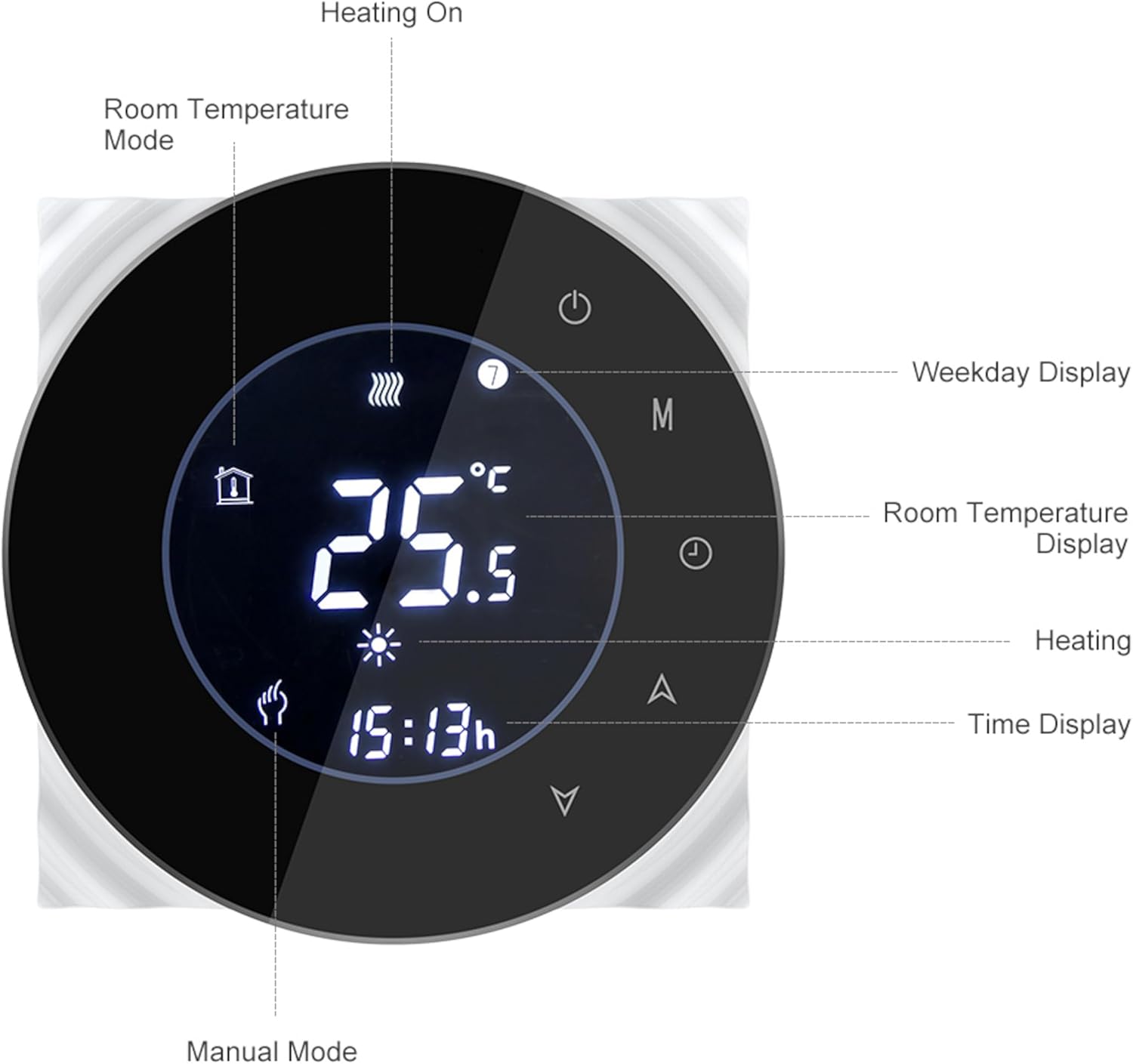 BLK-6000 Electric Radiant Floor Heating Thermostat with Wi-Fi, 95–240V, 16A Max Load, Round LED Display, Capacitive Touch Buttons, Programmable, Floor Sensor Included
