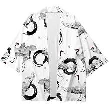 AMOMA Men Japanese Kimono Lightweight Loose Breathable Casual Cardigan Coat Top Yukata JacketXS,CraneBlackWhite