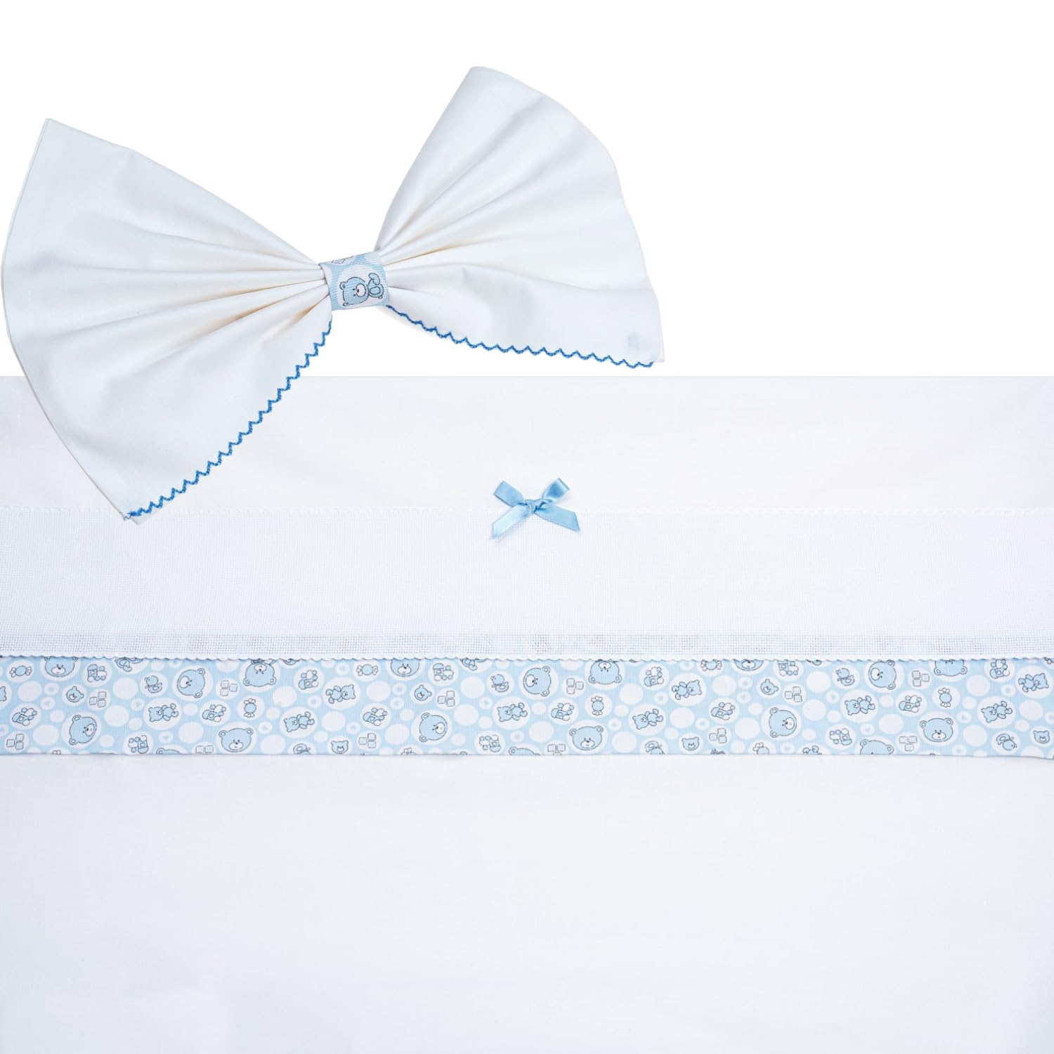Filet - Complete 3 Pieces for Pram, Customisable Fitted Sheet with Embroidered Aida Band + Bottom with Elastic Bands + Pillowcase, Made in Italy, White and Blue