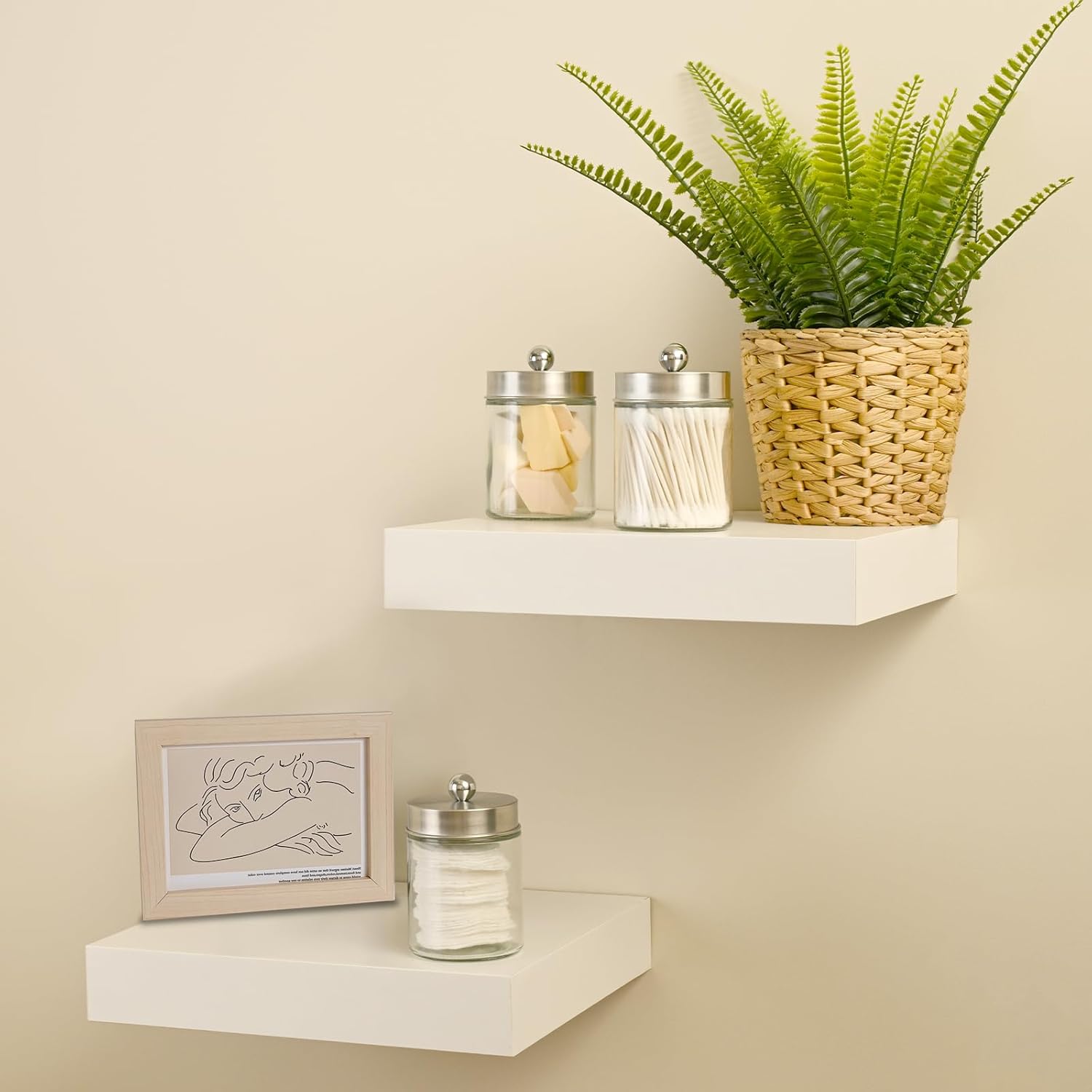 SheeChung Qtip Dispenser Holder 3pcs, Glass apothecary jars with Stainless Steel Lids &Stickers Farmhouse Metal Wire Bin Basket with Wall Mount - Small, 4 Pack - Portable Hanging Wall Basket