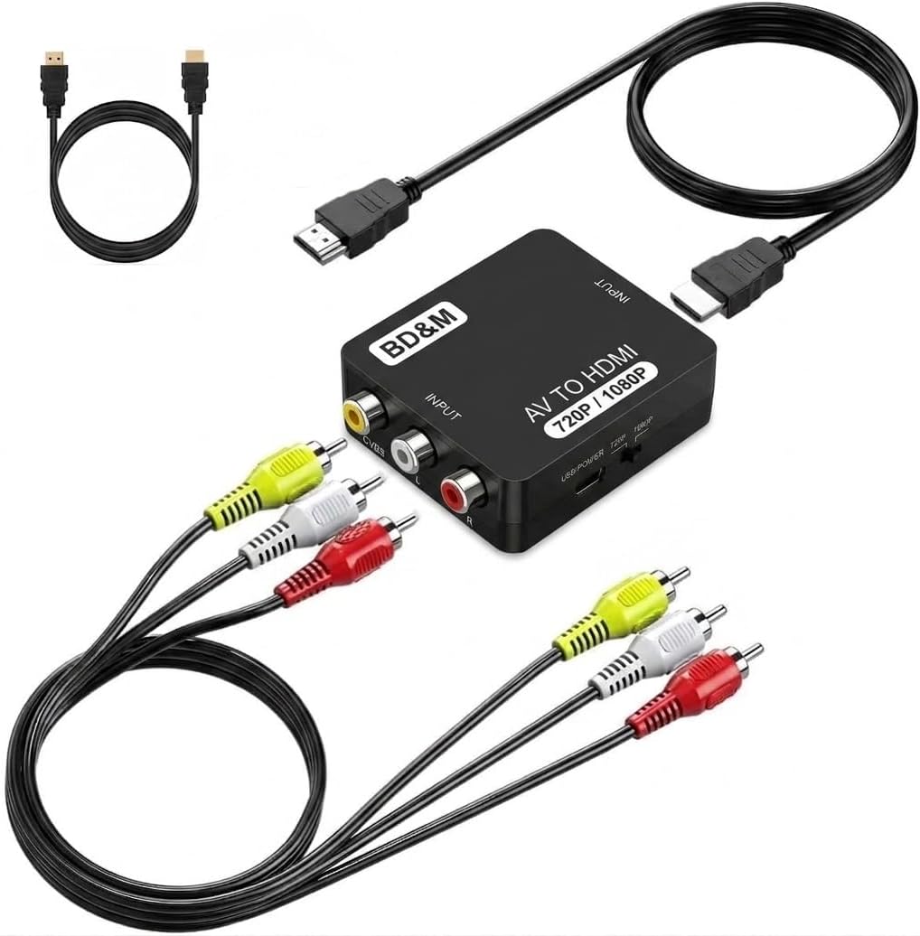 BD&M RCA to HDMI Converter, AV to HDMI Adapter Supports PAL/NTSC for PS2, PS3, Xbox, VHS, VCR, DVD Players