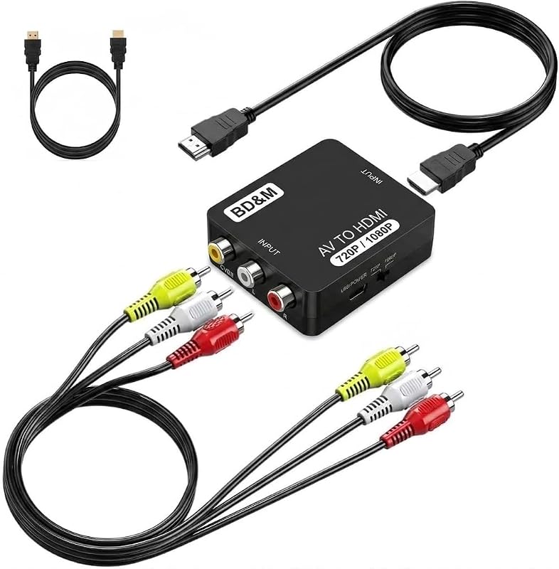 RCA to HDMI Converter, AV to HDMI Adapter Supports PAL/NTSC for PS2, PS3, Xbox, VHS, VCR, DVD Players