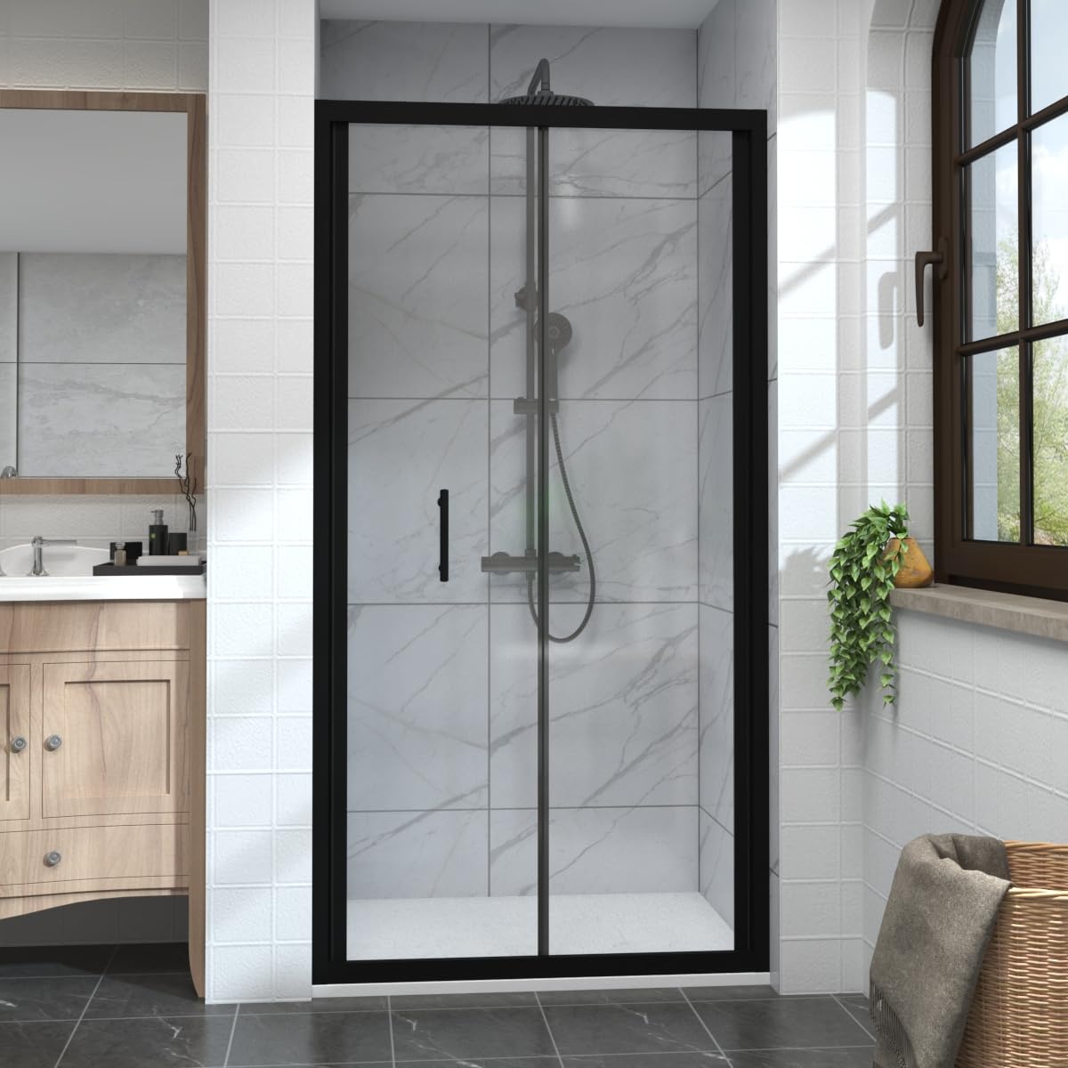 Aquariss 1100mm Black Bi-Fold Shower Door Enclosure Reversible 6mm Safety Glass Cubicle with Lightweight Aluminium Frame