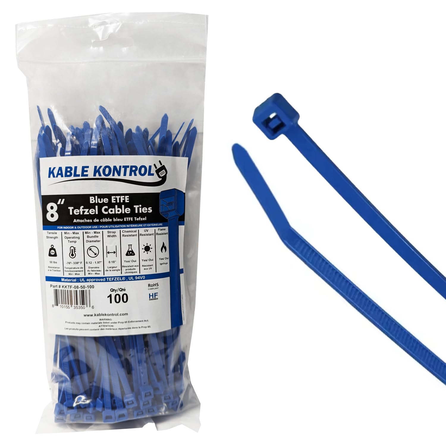 Kable Kontrol Tefzel - Fascette stringicavo ETFE, 20,3 cm, 100 pezzi, resistenza alla trazione di 22,7 kg, resistenti ai raggi UV, resistenti agli agenti chimici, non corrosivi, ideali per