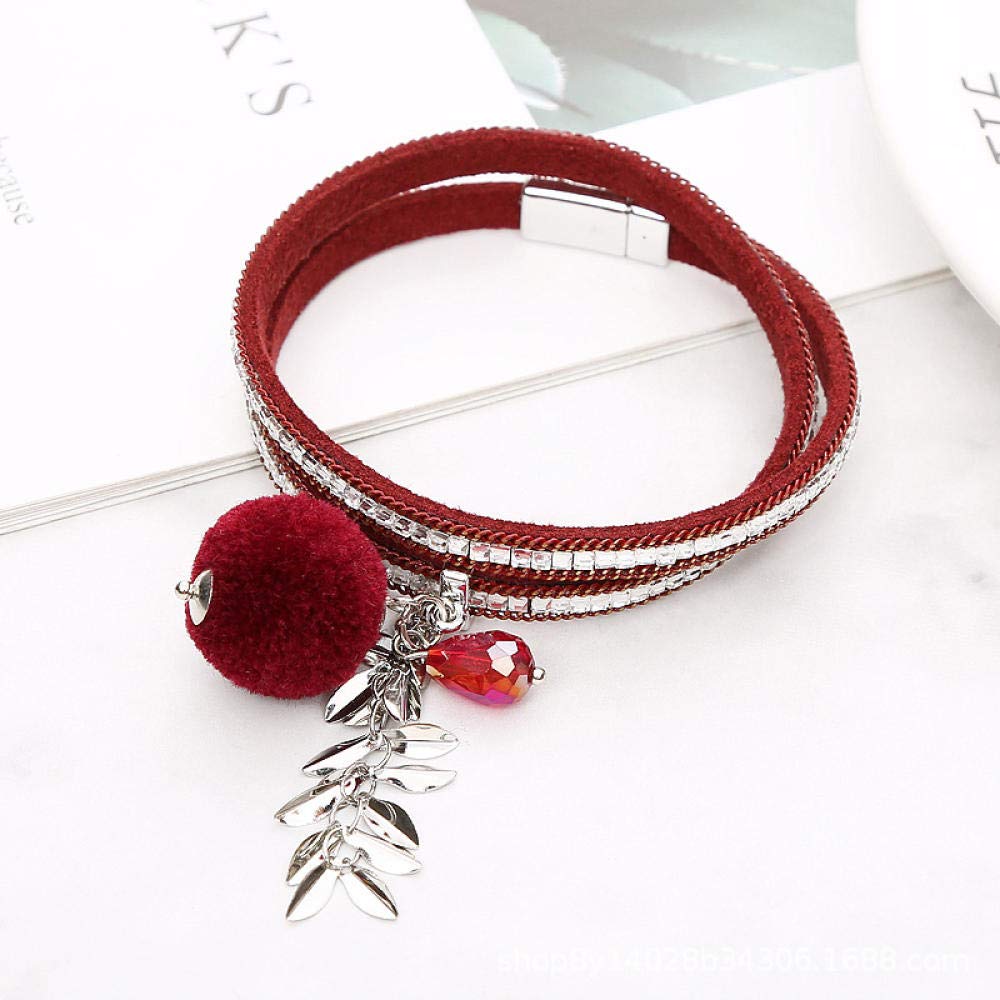 Lederarmband für Frauen, mehrschichtige Retro-Lederarmband Student rotes Mode Magnet Schnalle Lederkristallhaarkugel Armband Doppelring Damen Halskette Personalisierte Kleidung Accessorie