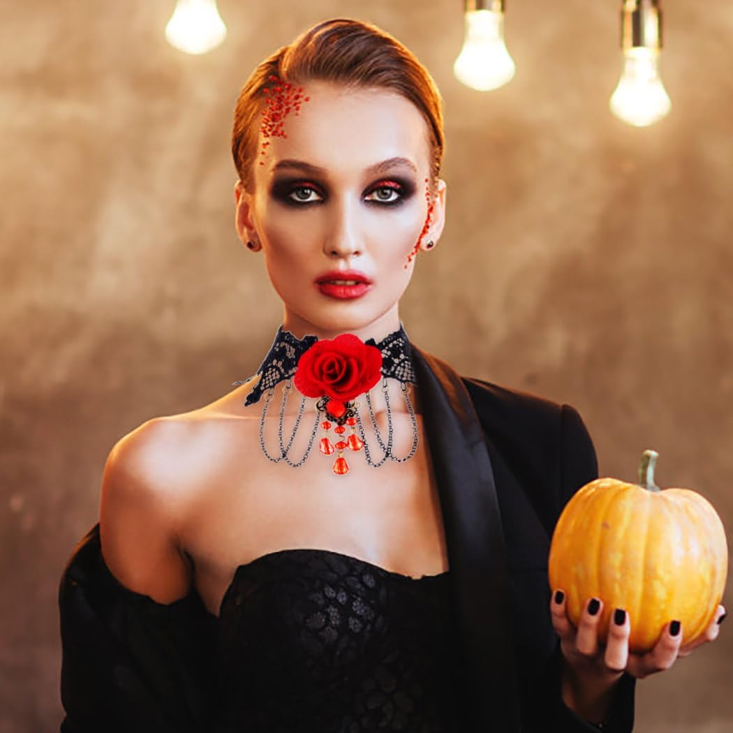 Gothic Black Choker Necklace Lace Collar Necklace Red Rose Necklace Halloween Chokers for Women - Image 2