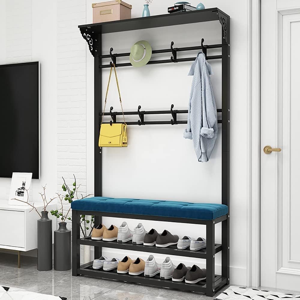 MYUYEE Metal Shoe Rack Shoe Rack With Seat Coat Rack Clothes Rack Upholstered Bench For The Entrance Area For Entrance Area Hallway Living Room(A-100Cm)