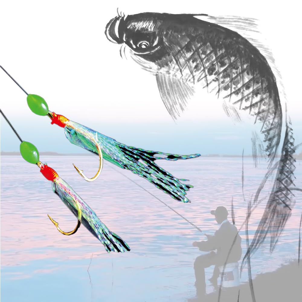 6 Pezzi di Piume di Sgombro,36 Ami in Totale con 3 Misure Attrezzatura da Pesca in Mare Pre-legata con Perline Luminose ed Esca Bionica per Sgombro Merluzzo Merluzzo Bianco e Spigola