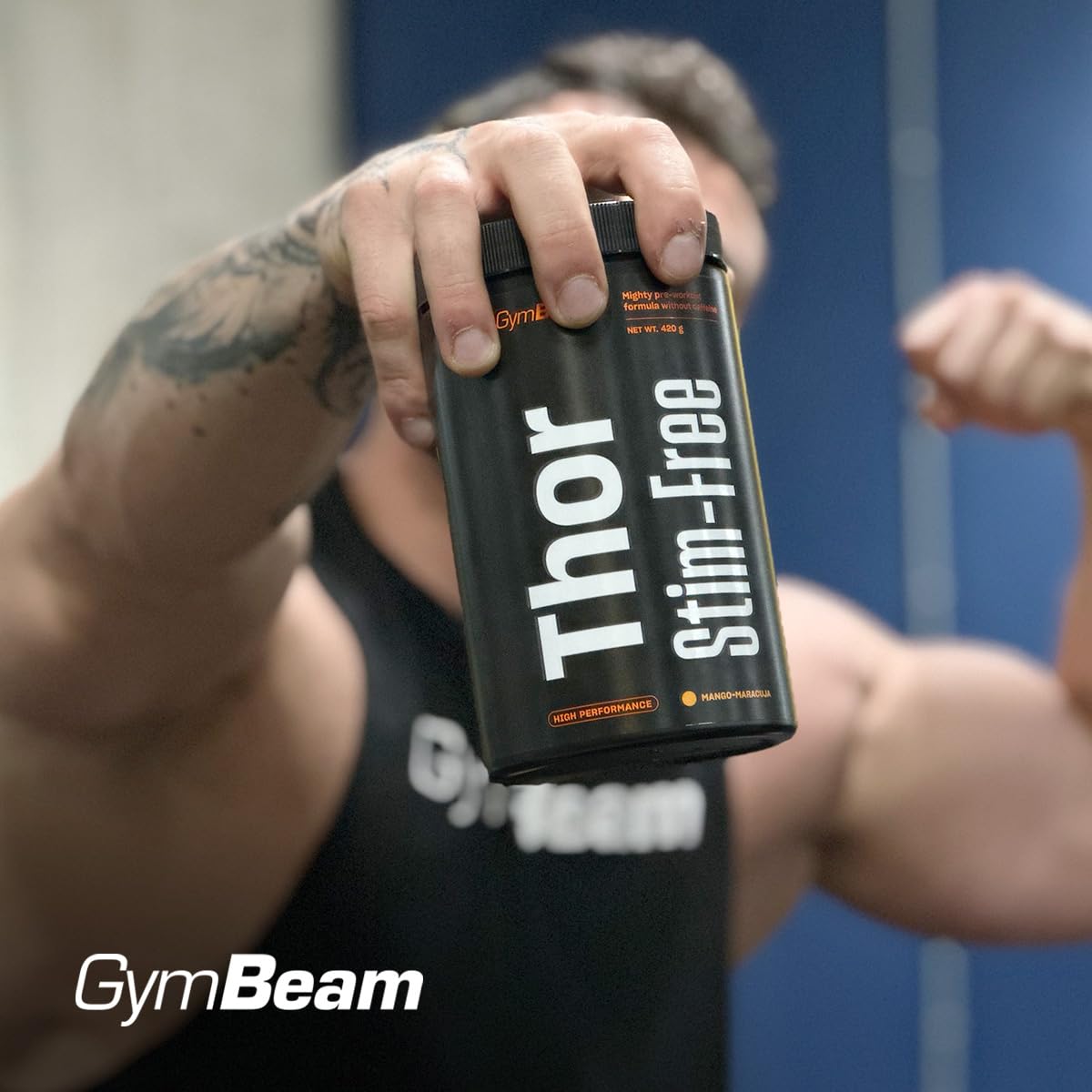 GymBeam - Thor Stim-Free Pre Workout 420 g, Pre Workout Senza Caffeina, Booster per Crescita Muscolare e Prestazioni Elevate, Riduce Affaticamento e Spossatezza (420 g, Mango-Maracuja)