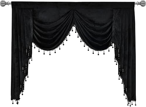 Miniatura 3 de JADE POKE Cenefas de cascada de terciopelo para sala de estar, cenefas negras con dobladillo para barra, cenefa con borlas opacas para dormitorio,