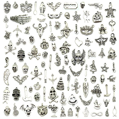 Wholesale Bulk Lots Hallowmas Skull Skeleton Charms Mixed Silver Plated Halloween Mask Charms Pendants DIY for Jewelry Making and Crafting, JIALEEY 100 PCS Hallowmas Style