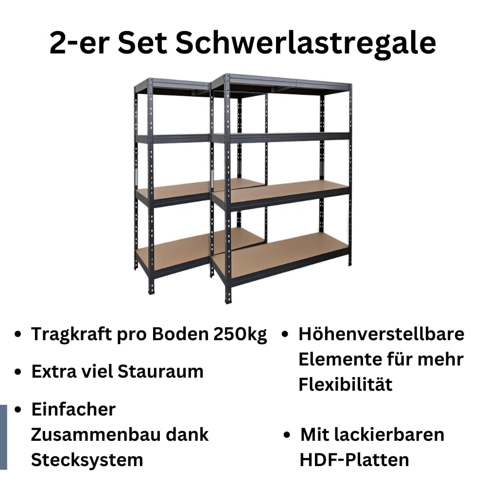 2er-Set Rivet Schwerlastregal mit lackierbaren HDF-Platten, 180x120x45cm (HxBxT), 4 Böden mit je 250kg Tragkraft, anthrazitgrau, praktisches Stecksystem, umweltfreundlich und recycelbar