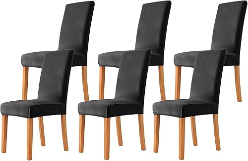 Fundas de terciopelo para sillas de comedor, color negro, paquete de 6, fundas elásticas para sillas de comedor, fundas de elastano lavables de
