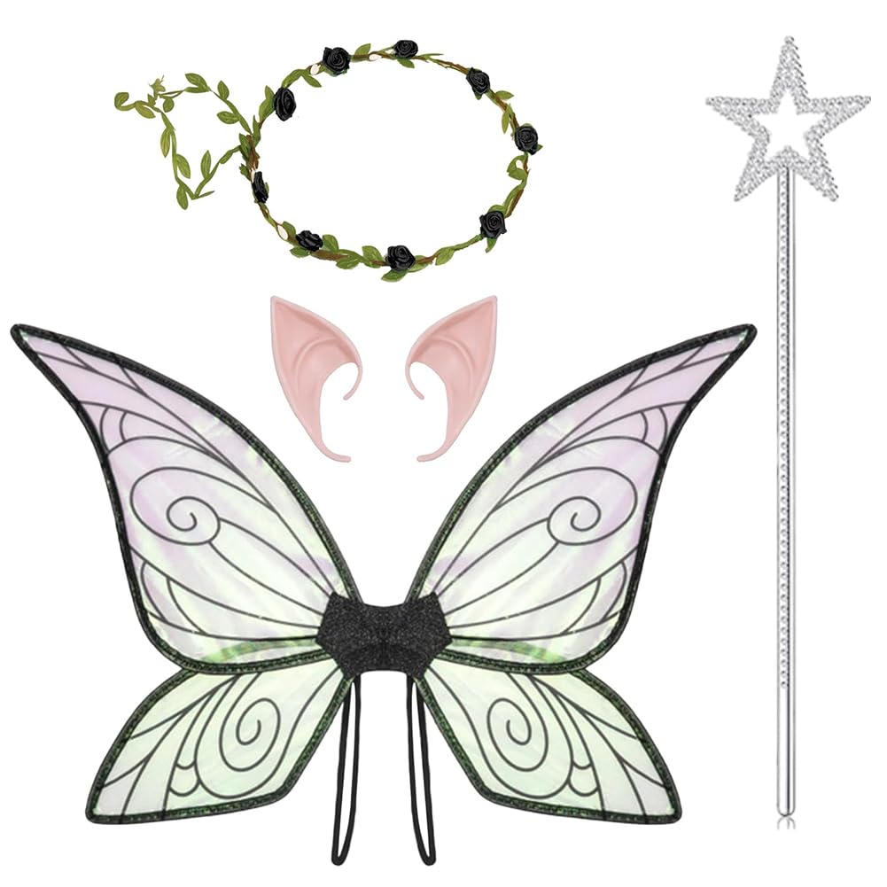 Fairy Wings, Black Fairy Wings with Wand, Butterfly Wing Dress Up Sparkling Sheer Angel Costume with Elf Flower Headband for Carnival Birthday Halloween Cosplay Themed Party