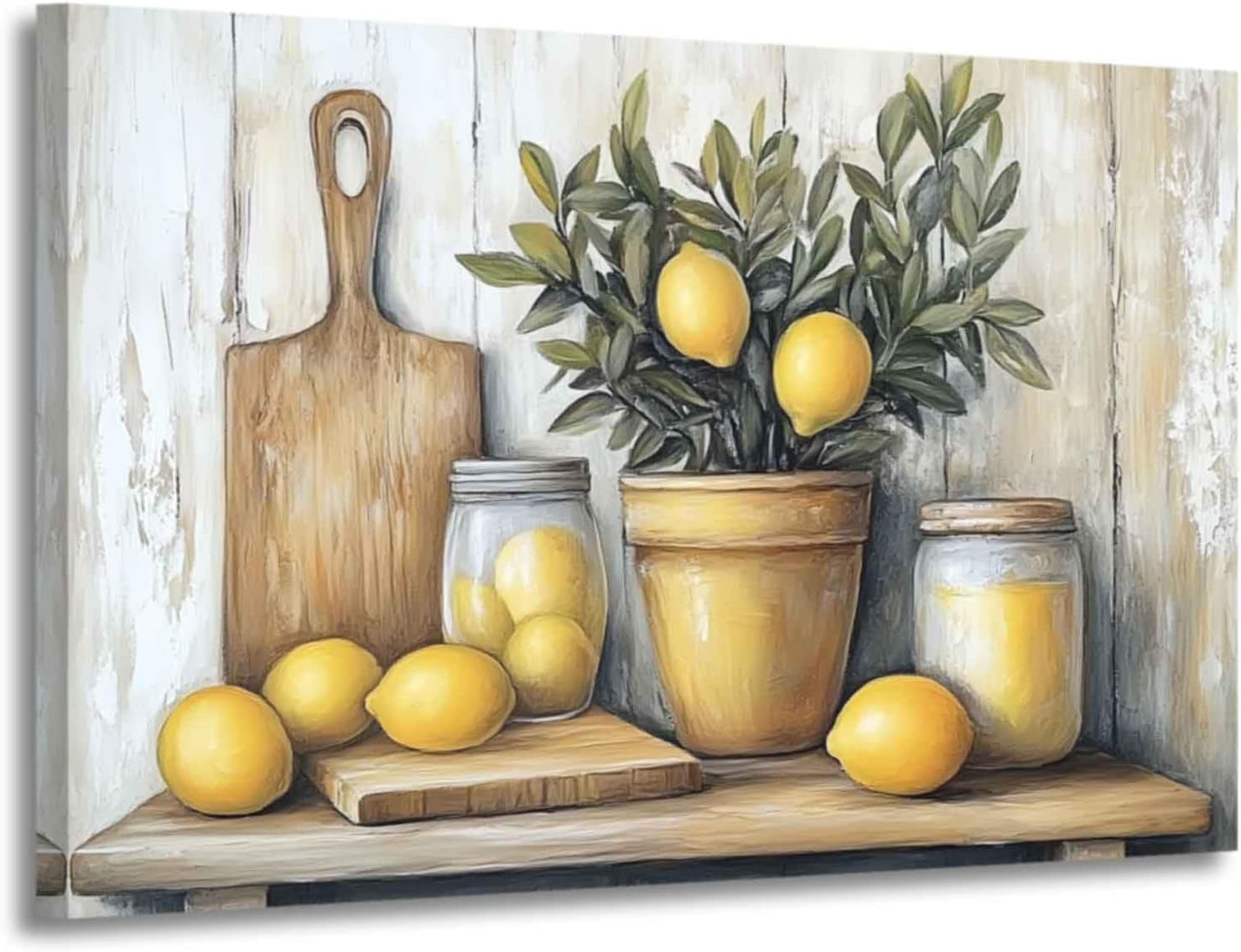 XLMDYYSW Lemon Wall Art Vintage Kitchen Pictures Yellow Lemon Tree Canvas Print Citrus Fruit Painting Rustic Still Life Poster Dining Room Decor Framed (White, 12L x 18W)