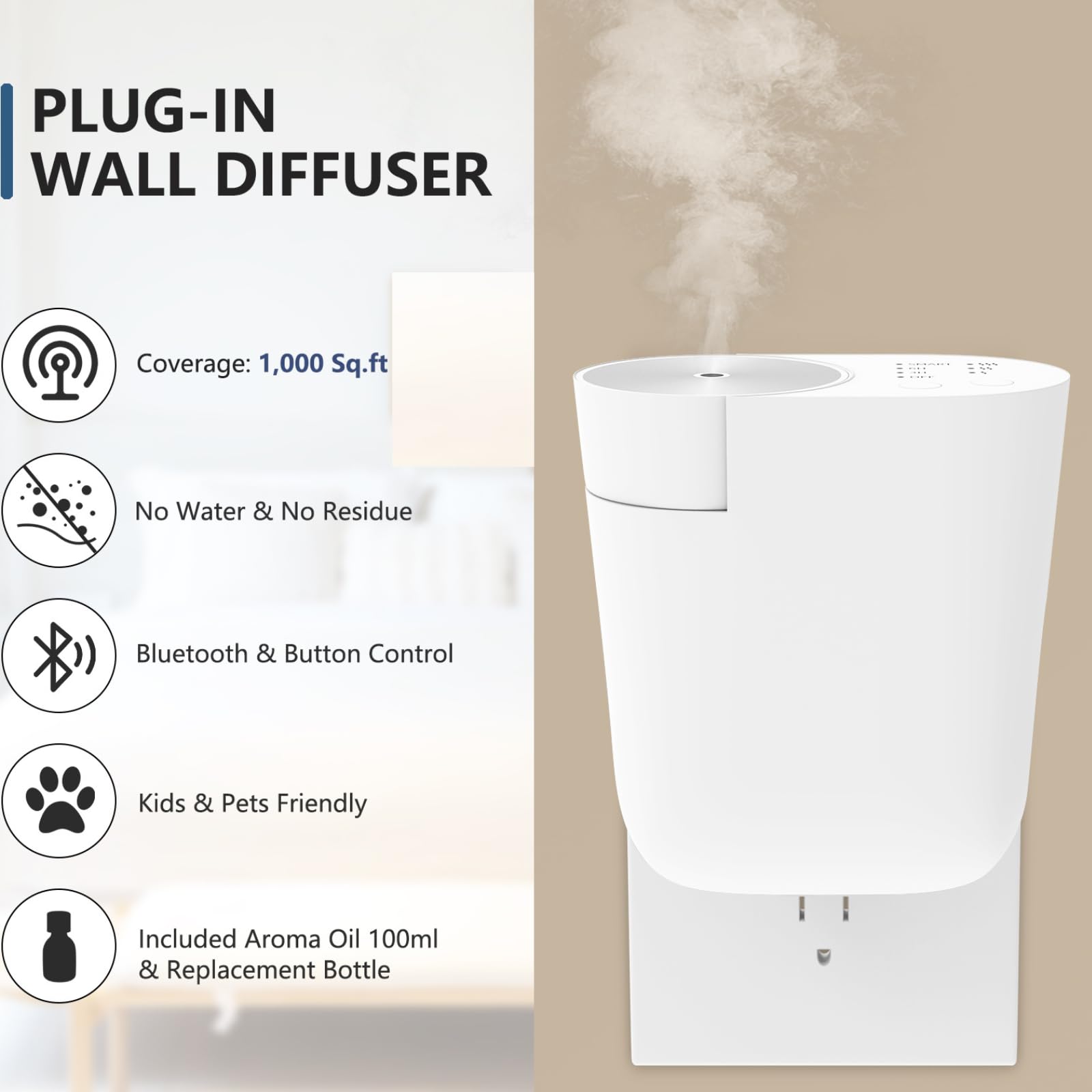 Difusor de pared enchufable | Difusor de aroma de aceites esenciales sin agua | Mini máquina de aroma portátil para habitación grande | Kit de aromaterapia con aceite de 100 ml y botella de