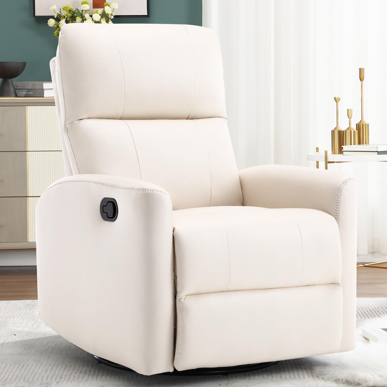 HAOMARKETS Swivel Rocker Recliner Chair, Manual Fabric Glider Rocking Recliners for Adults, 360° Swivel Nursery Reclining Sofa with Padded Backrest for Living Room, White