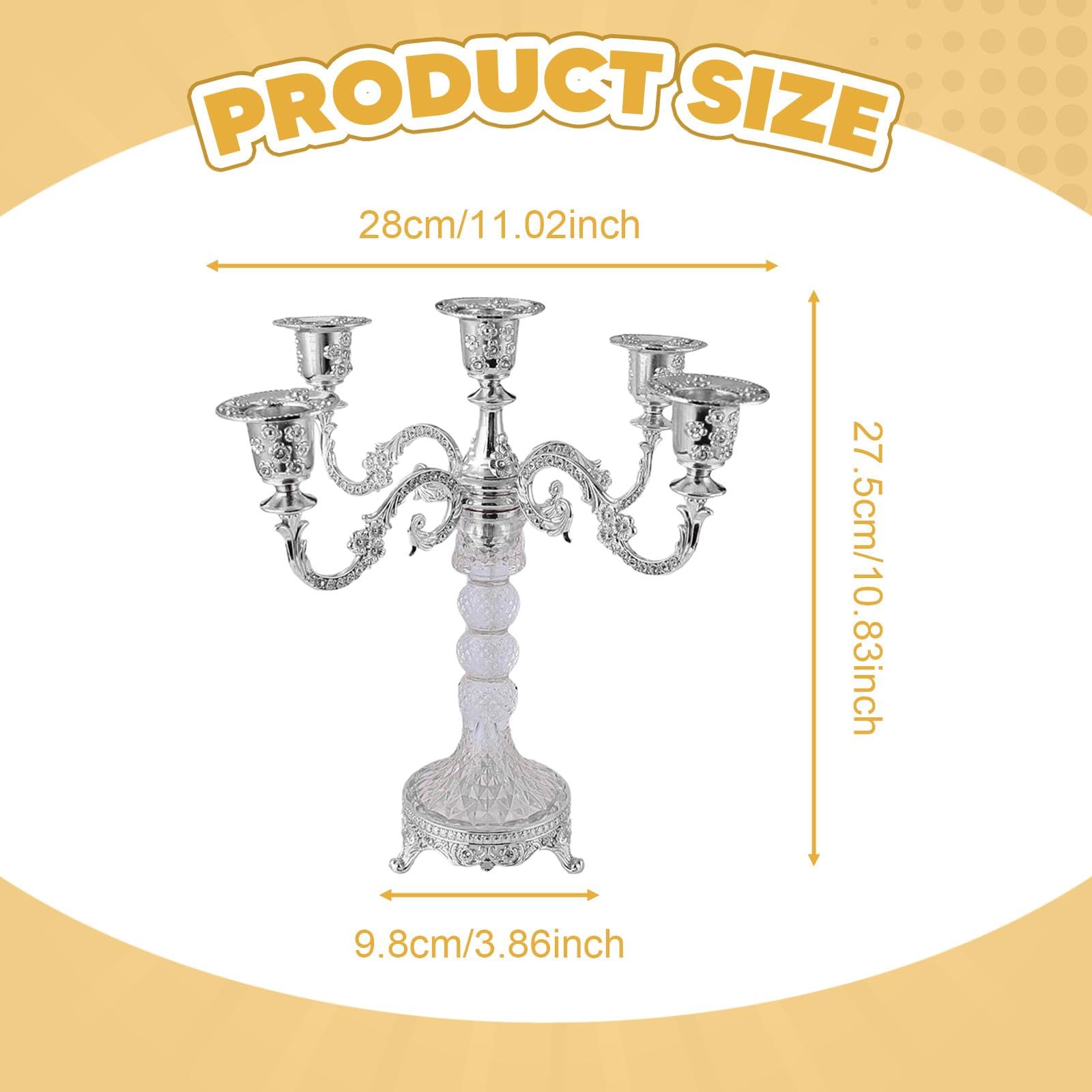 Candelabro cónico de Cinco Brazos, Ideal para Interiores como Bodas y cenas, Plata, Individual