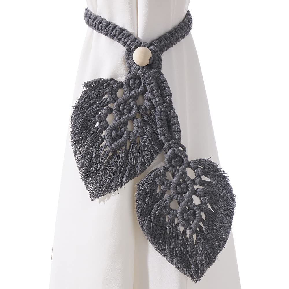 Photo 1 of 2 Pack Boho Curtain Tiebacks,Hand Knitting Cotton Curtain Holdbacks with Adjustable Natural Wooden Bead,Double Leaves Farmhouse Theme Curtain Tie Backs, for Indoor Outdoor Drapes Decorative,(Grey)