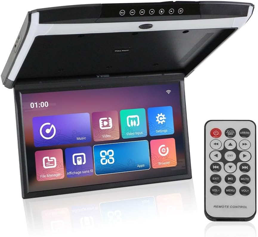 Kunfine Android Car Overhead Player 17.3 Inch Wide IPS Screen Video Car Roof Mount Monitor with Built-in Stereo Speakers Flip Down Overhead Car Monitor Support Bluetooth WiFi HDMI USB NO DVD（Black）