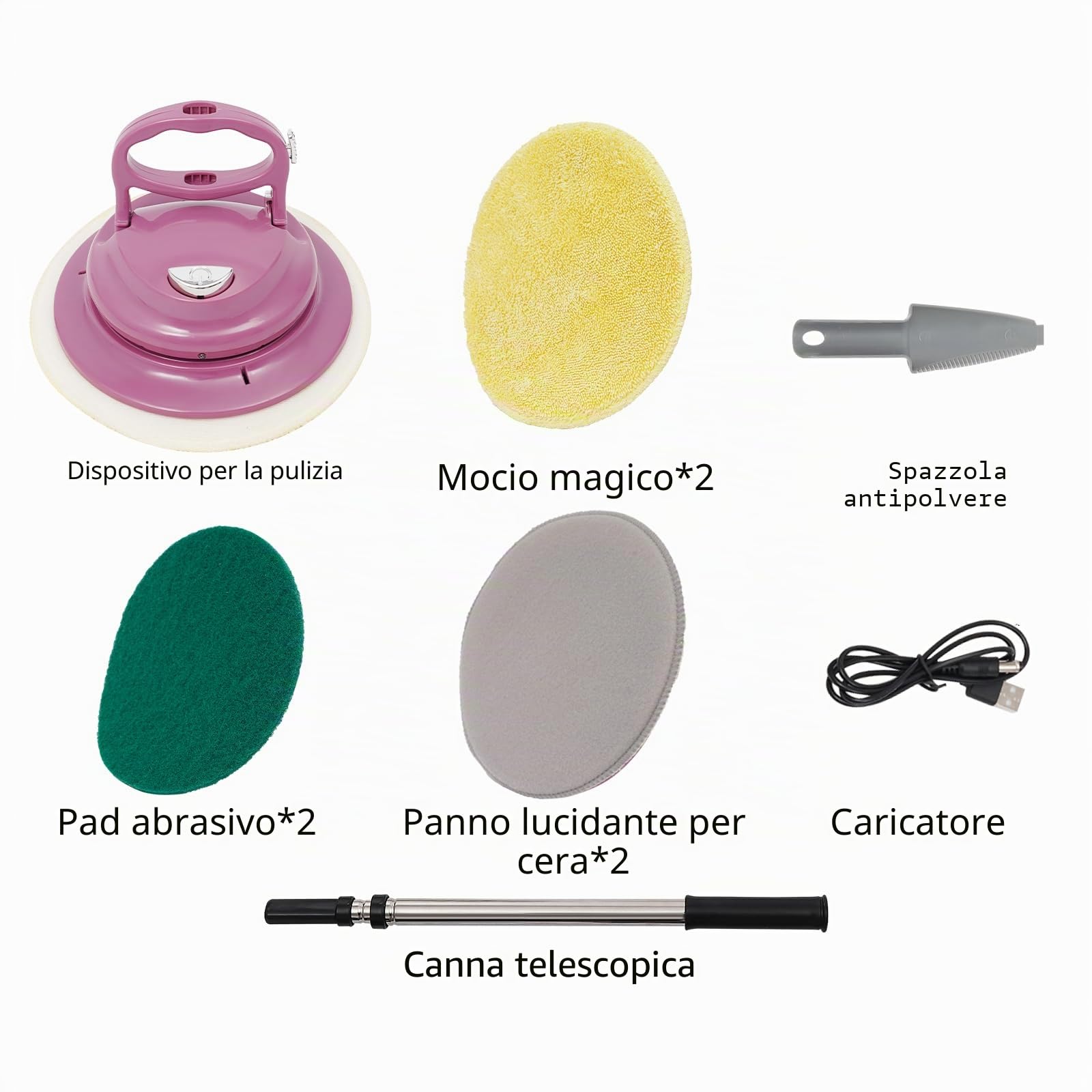 Mocio elettrico senza fili, 1800 mAh, spazzola elettrica per pavimenti, diametro 24 cm, manico retrattile, rotazione a 360 gradi, detergente per pavimenti e lucidatrice per cerare, pulire a secco