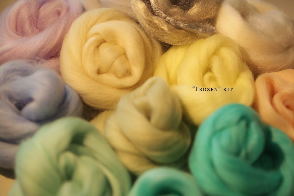 ExtraFine18micron Felting Wool Merino Fiber + 3 Shades Silky Fibers and Roving Wool for Needle and Wet Felting Kit Great for Beginners Free Instructions Frozen