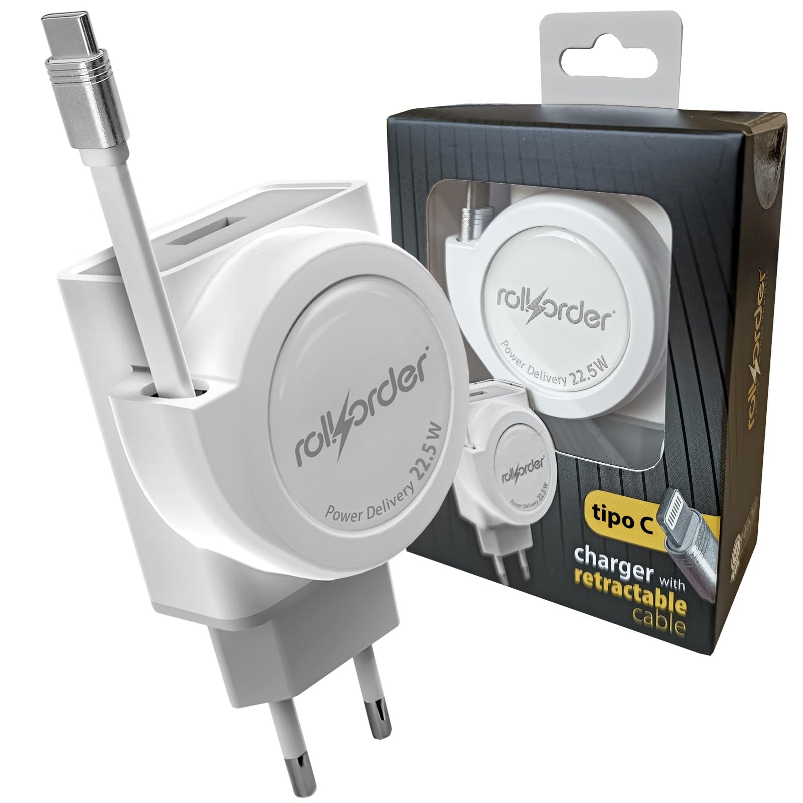 KAIMENGLONG Caricatore USB C 40W 3 porte caricatore rapido con cavo di ricarica USBC retrattile, caricatore multiplo GaN portatile per iPhone 17/16/15, MacBook, iPad, tablet, Samsung (nero