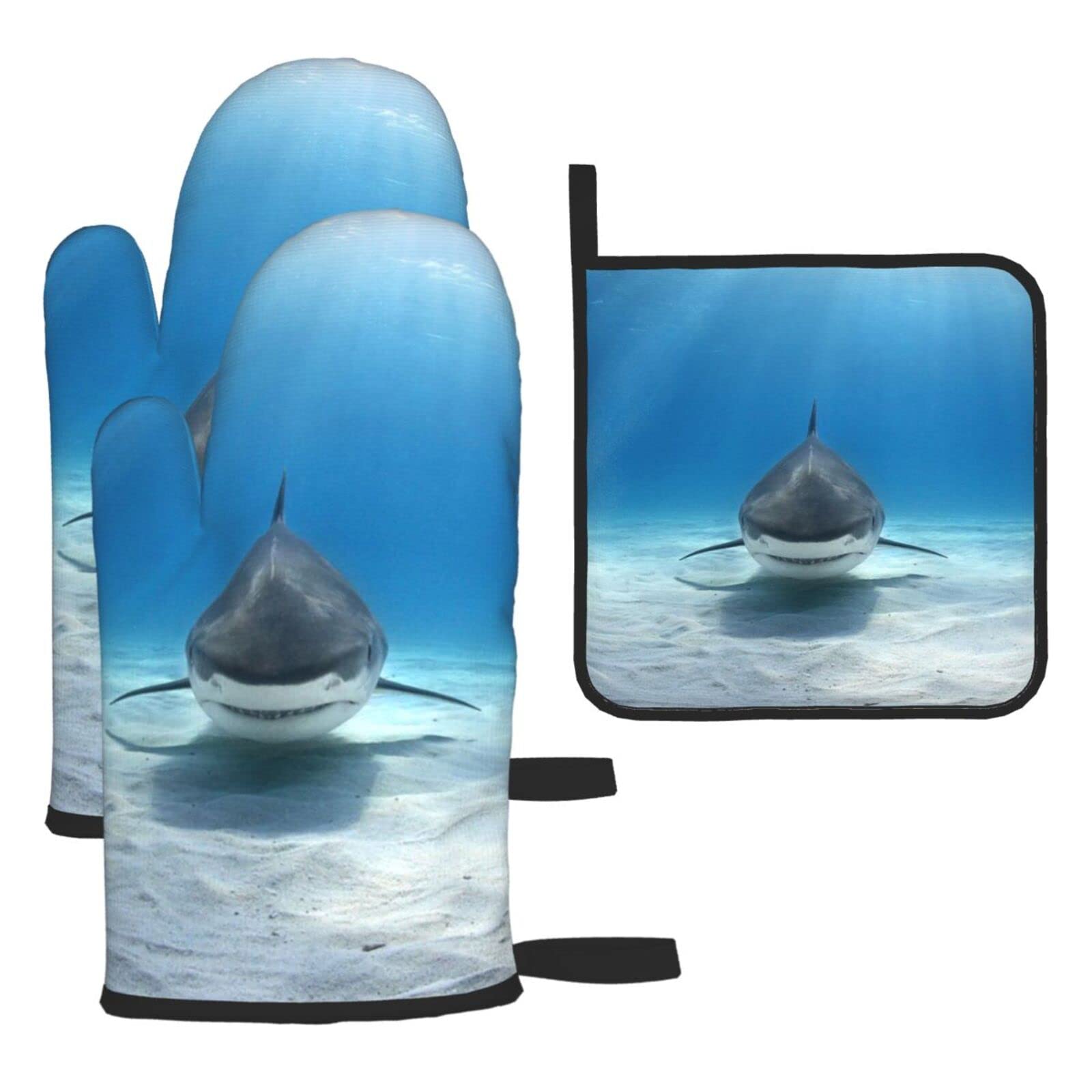 Tiger Shark Printed Kitchen Baking Three-Piece Heat-Resistant Thick Cotton Oven Gloves for Cooking and Baking.