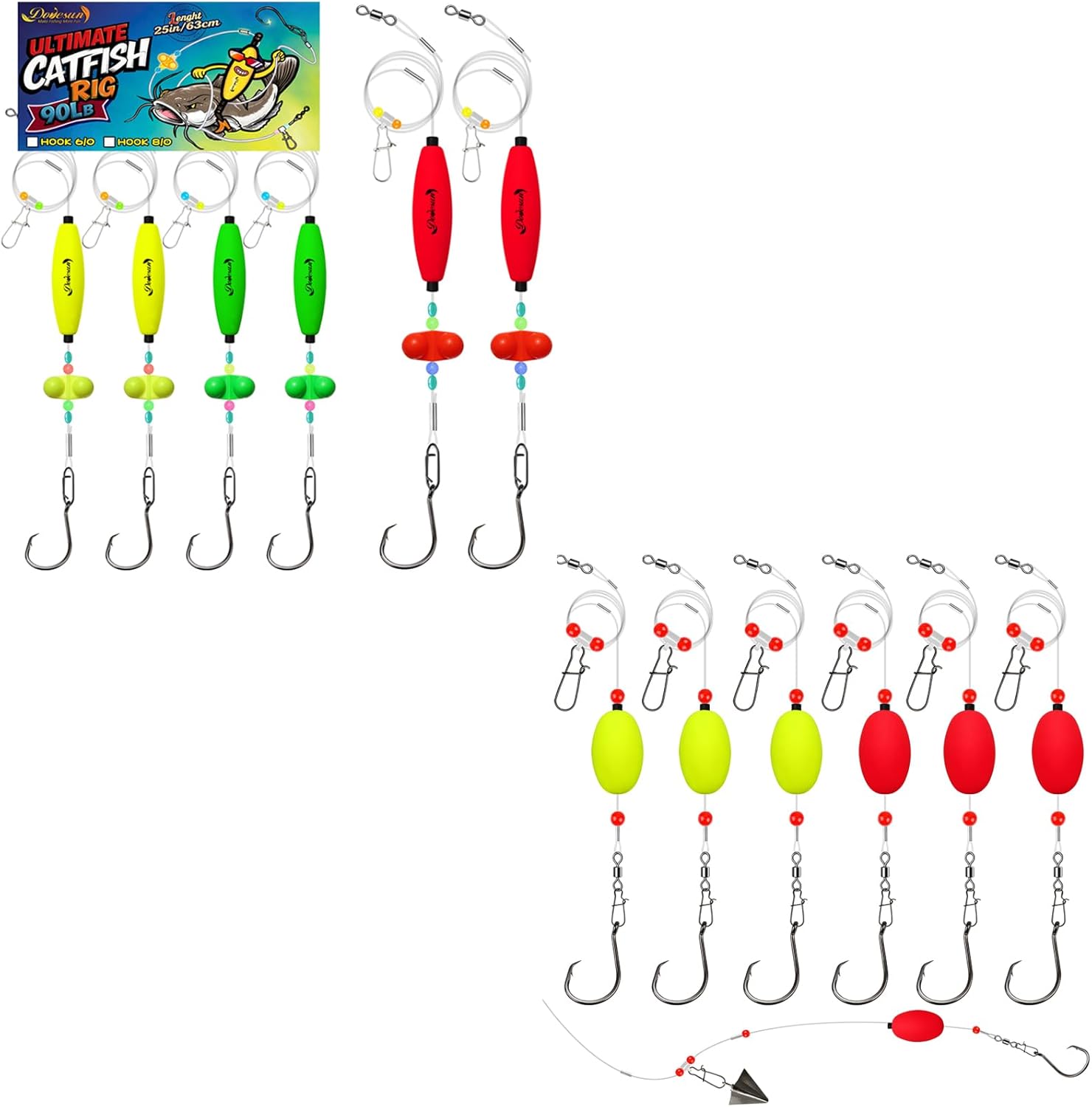 Dovesun Ready to Use Catfish Rigs Take Down Rigs Circle Hooks 6/0 6pcs + Fish Finder Rig with Float 20.5" Surf Fishing Rigs 90LB 6PCS 5/0