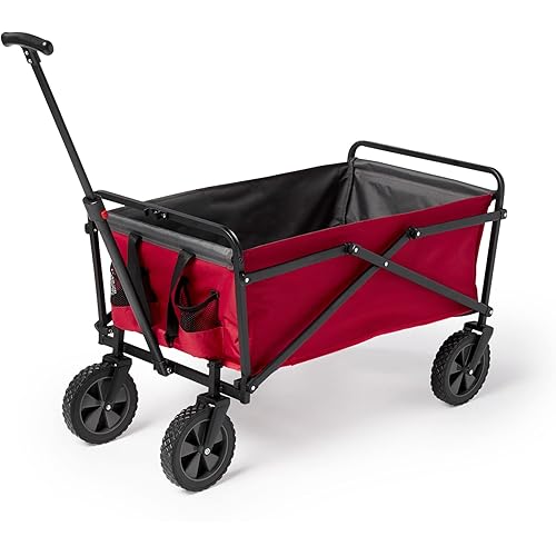 Seina Heavy Duty Steel Compact Collapsible Folding Outdoor Portable Utility Cart Wagon w/All Terrain Rubber Wheels and 150 Pound Capacity, Red/Gray, Large