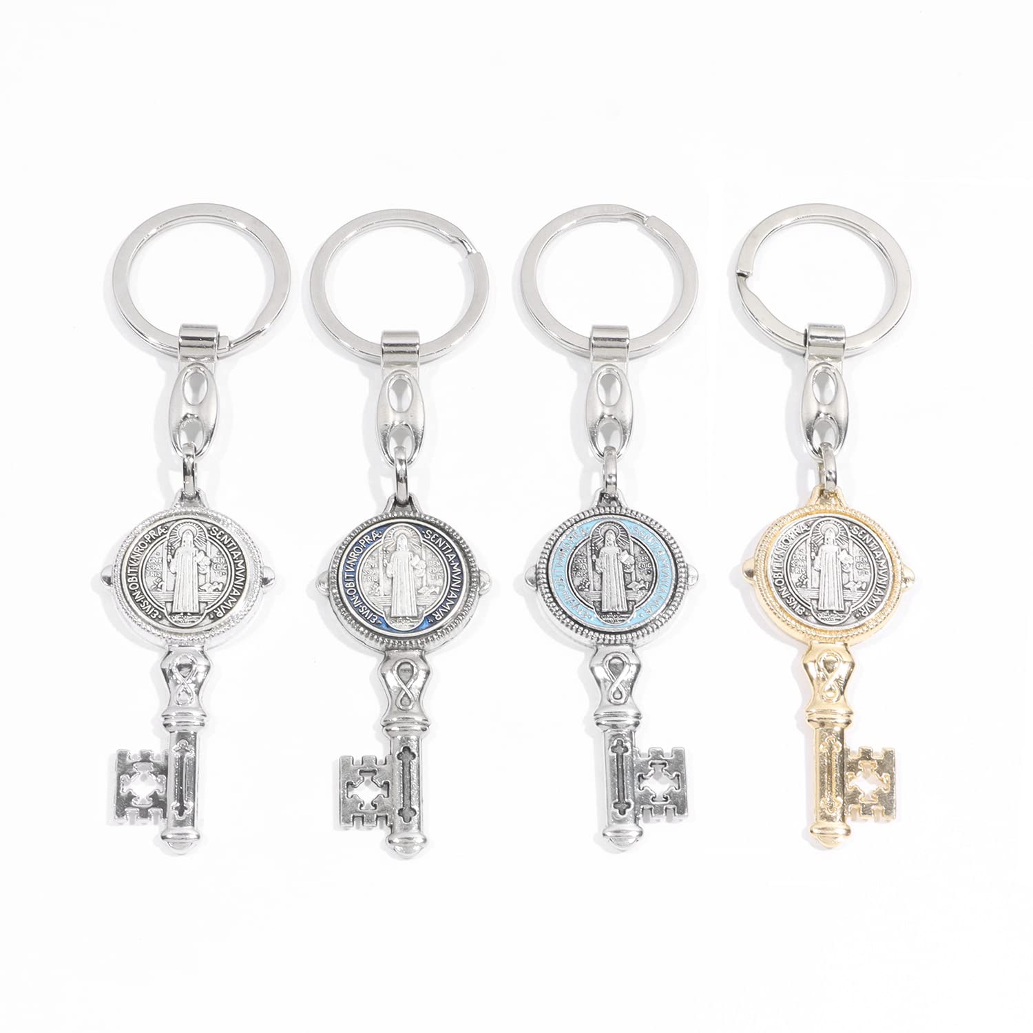 WHLHMKWHLHMK 4Pcs Saint Benedict Medal Keychain, St Benedict Medals Key Chain, Saint Benedict Jubilee Medal, Cross Protection Key Shaped Keychain, Silver, S